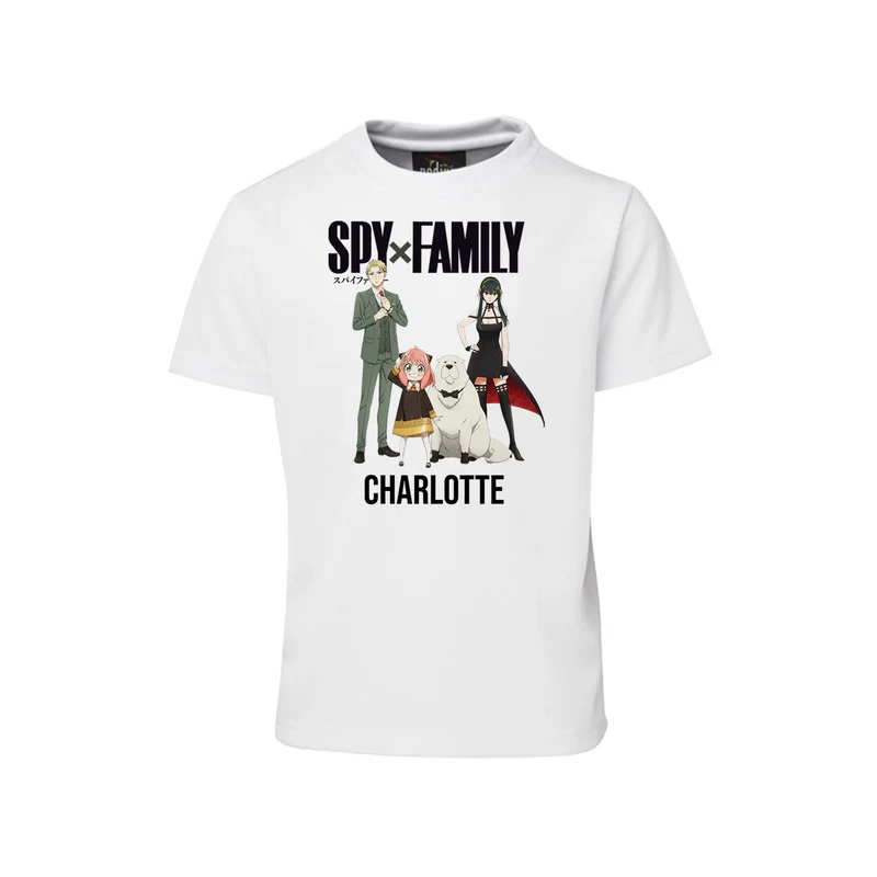 Spy X Family sublimation t-shirt featuring a personalized anime portrait on a white cotton graphic tee mockup