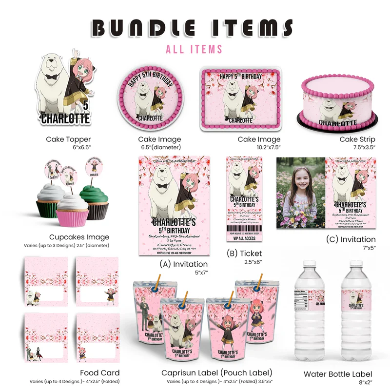 Spy X Family personalized digital template party pack bundle with anime graphics on white background flat lay