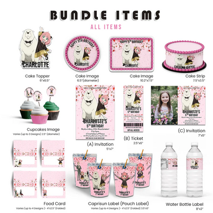 Spy X Family personalized digital template party pack bundle with anime graphics on white background flat lay