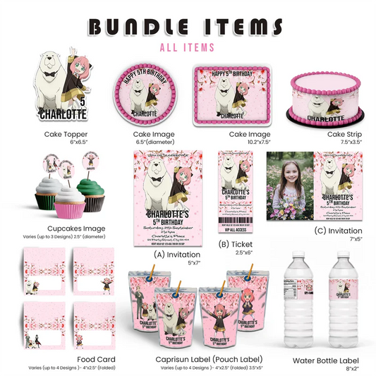 Spy X Family personalized digital template party pack bundle with anime graphics on white background flat lay