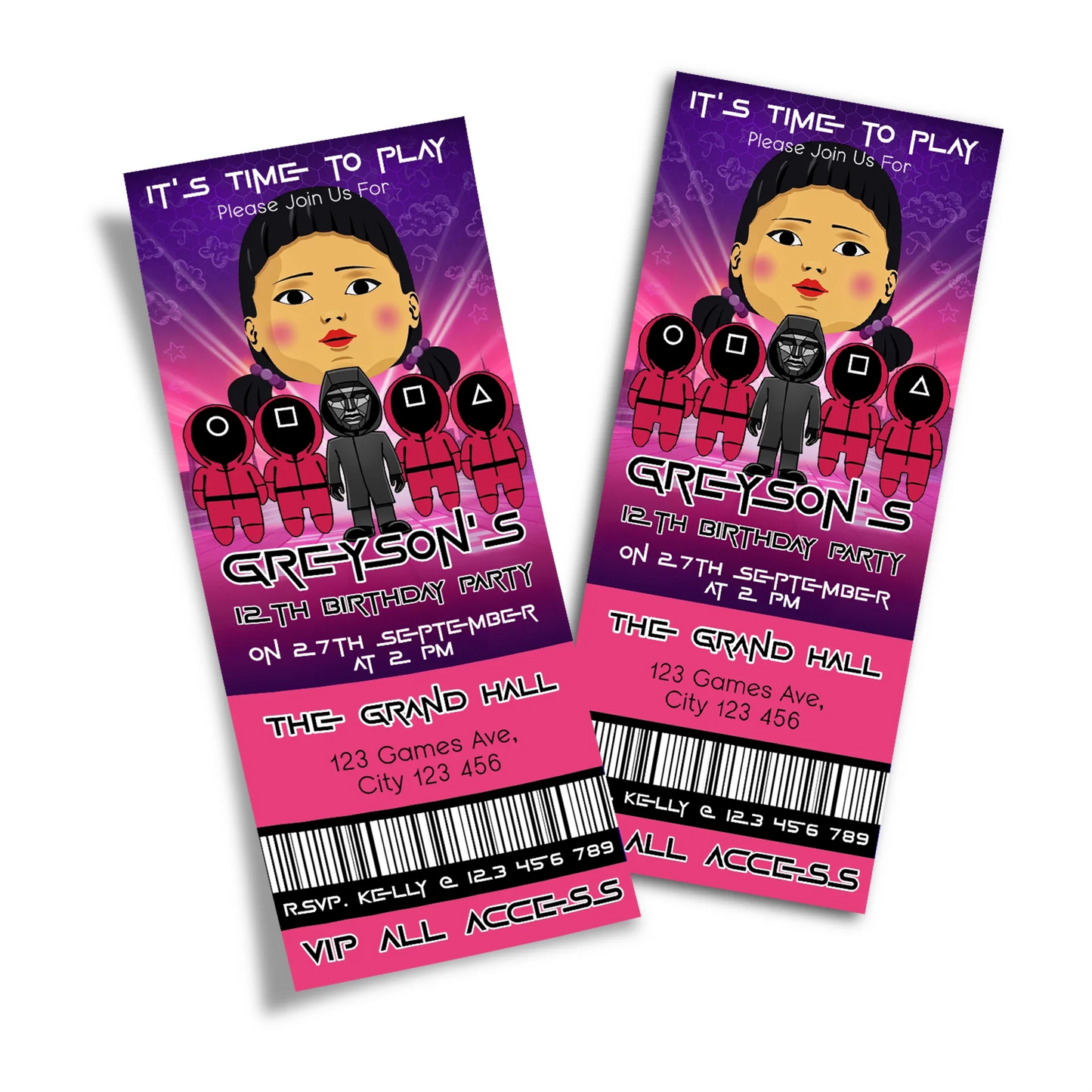 Squid Game personalized birthday ticket invitations for unique celebrations