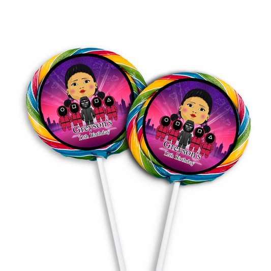 Squid Game lollipop labels for custom-themed party snacks