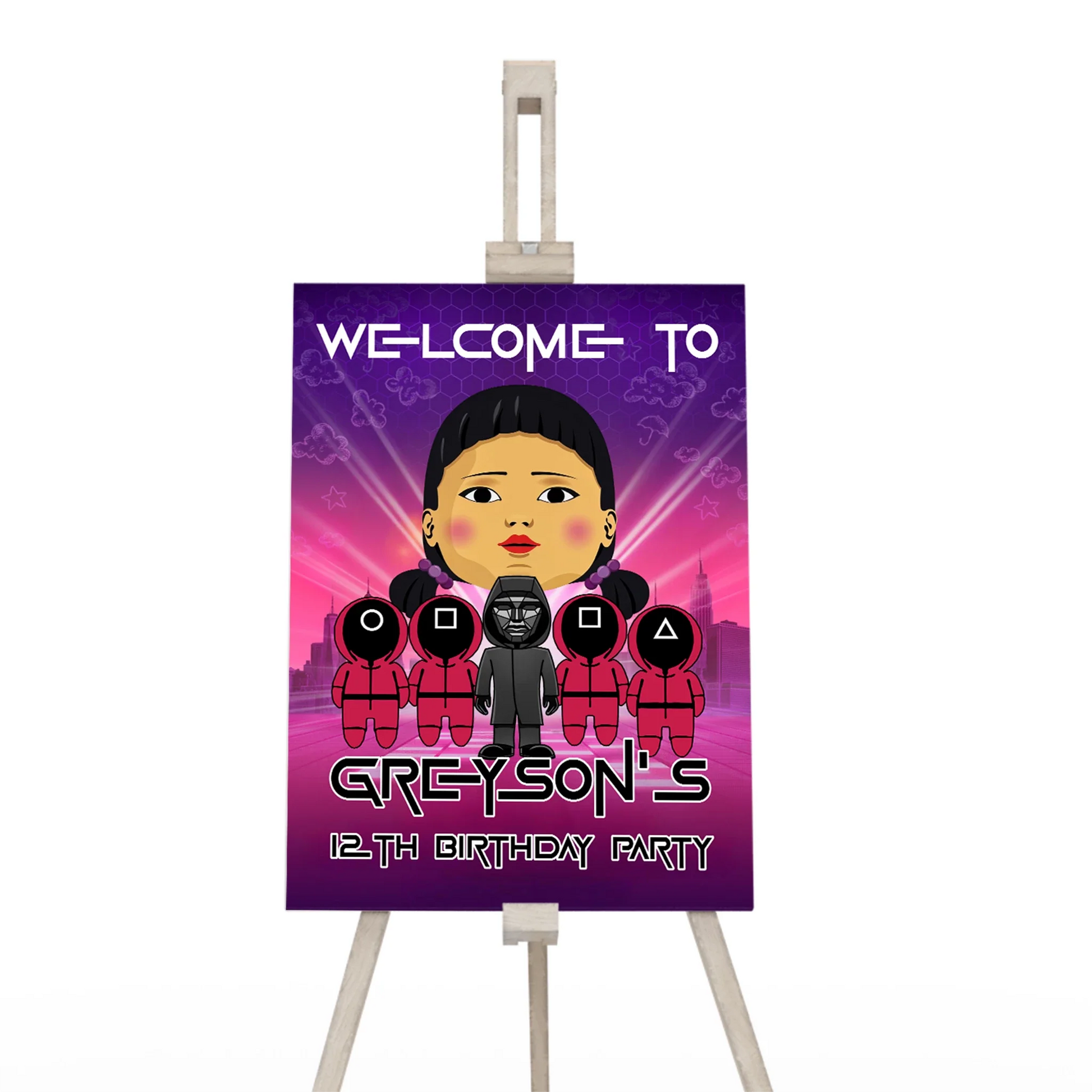 Squid Game welcome sign with custom themes for party entrances