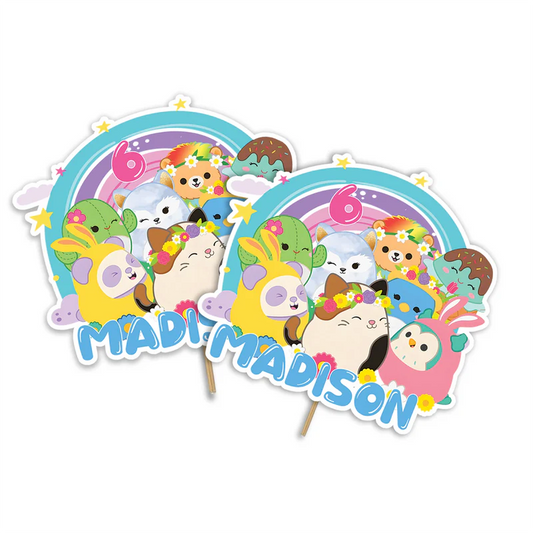 Squishmallows personalized cake toppers, layered paper design.