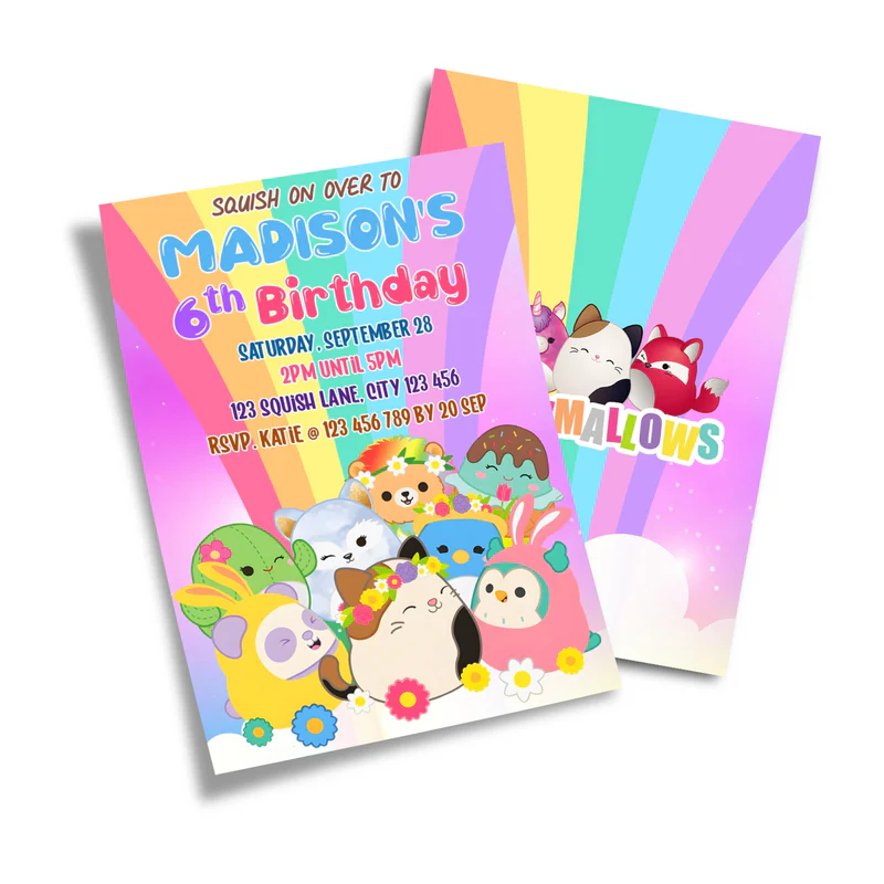 Squishmallows personalized birthday card invitation, front view.