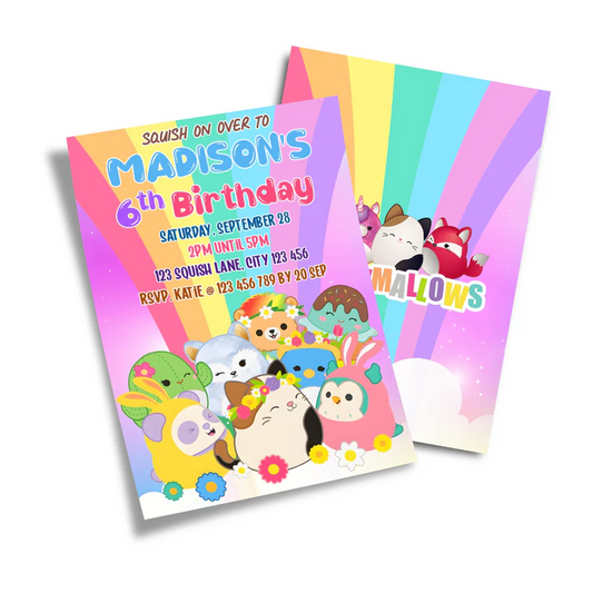 Squishmallows personalized birthday card invitation, front view.