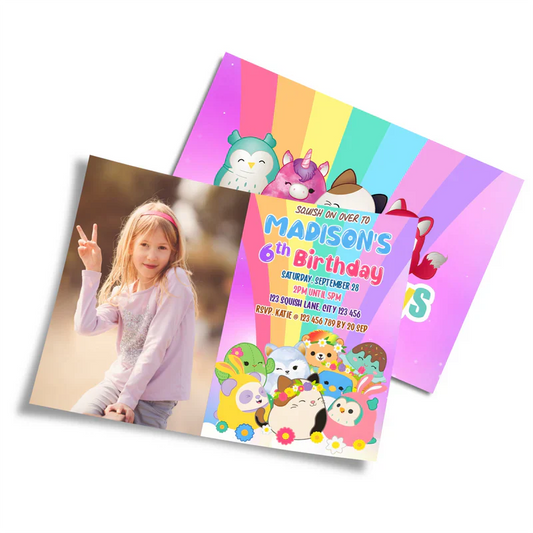 Squishmallows personalized photo card invitation, child's photo.