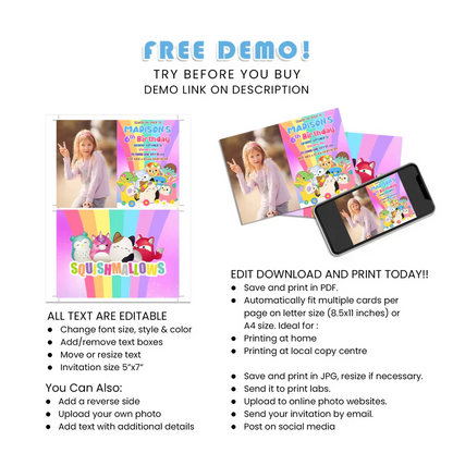 Squishmallows Photo Card Invitations Personalized