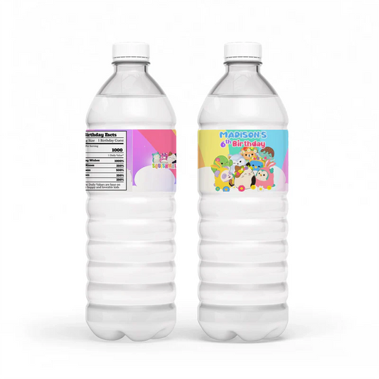 Squishmallows water bottle label, wrapped around bottle.