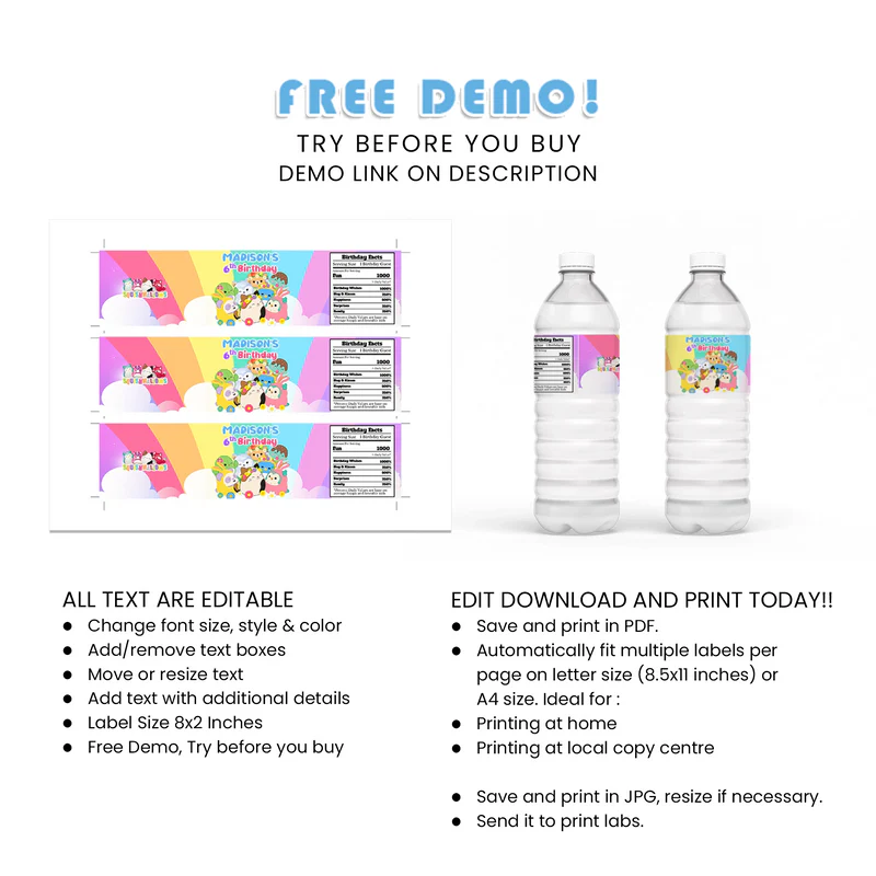 Squishmallows Water Bottle Labels