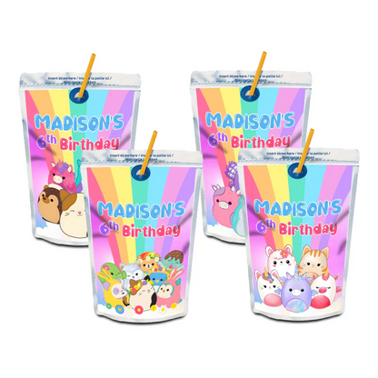 Squishmallows juice pouch label, applied to drink pouch.