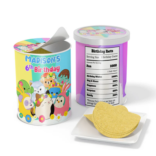 Squishmallows small pringles label, wrapped can.