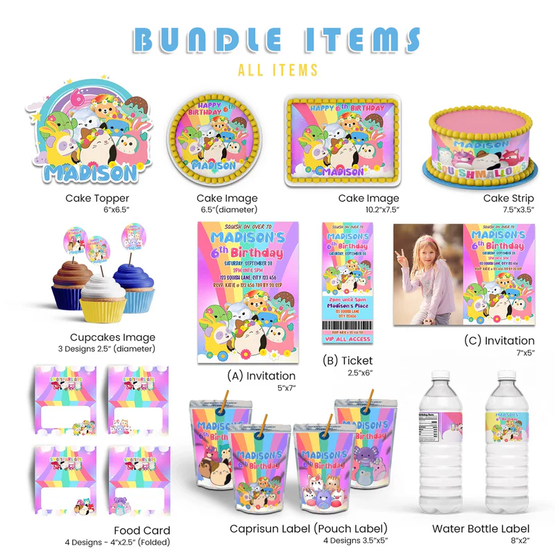 Squishmallows digital party pack template, colorful characters.