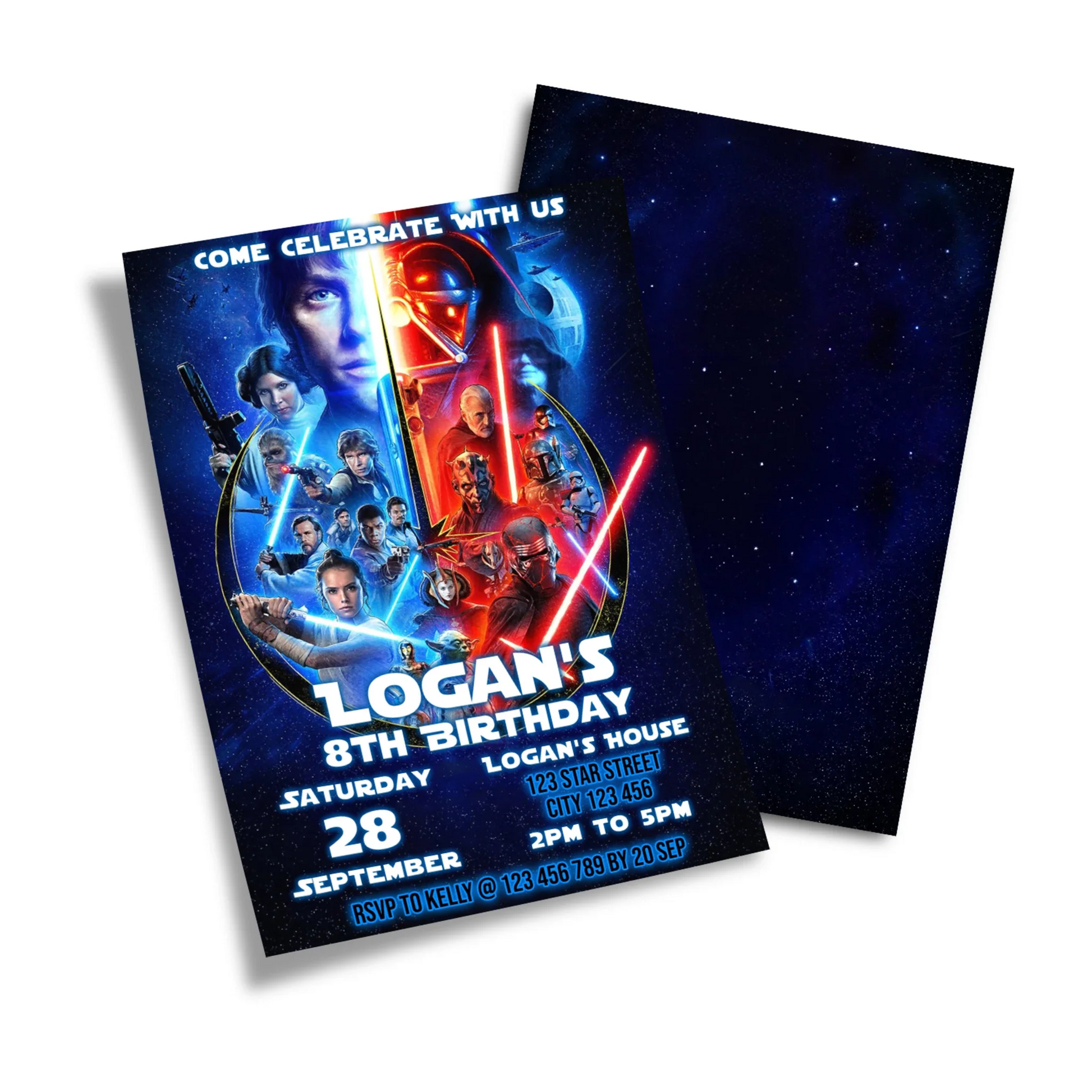 Star Wars Personalized Birthday Card Invitations with your party details and custom Star Wars graphics