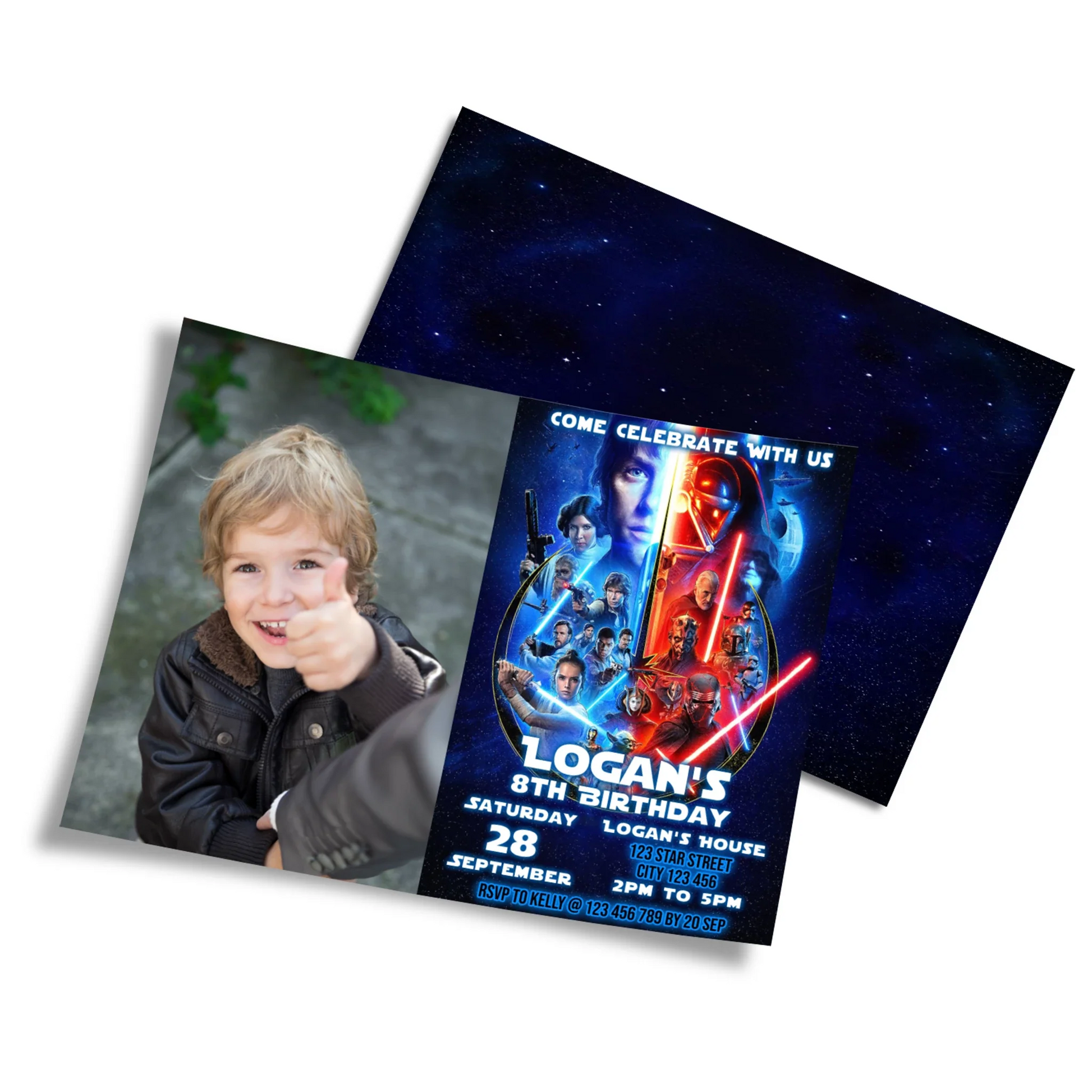 Star Wars Personalized Photo Card Invitations featuring your child's photo and Star Wars design