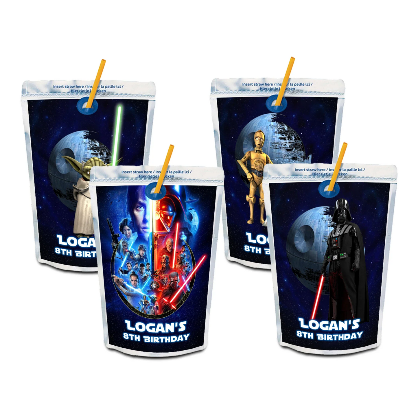 Star Wars Juice Pouch Label with custom Star Wars designs for decorating juice pouches at the party