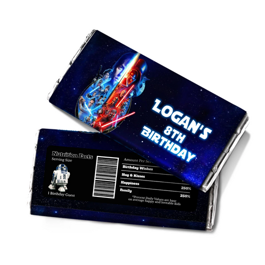 Star Wars Chocolate Label for custom wrapped candy bars featuring Star Wars graphics and your party details