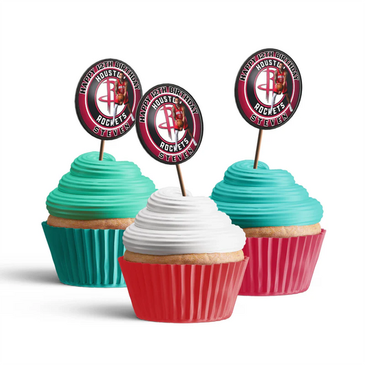 Steven Adams cupcake toppers with circular team design on toothpicks, placed in yellow and white frosted cupcakes