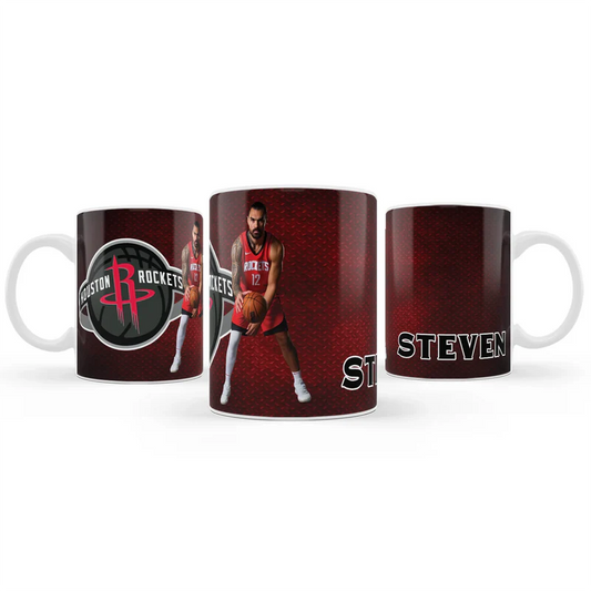 Steven Adams sublimation mug with full-wrap player design in bold colors, displayed on kitchen counter