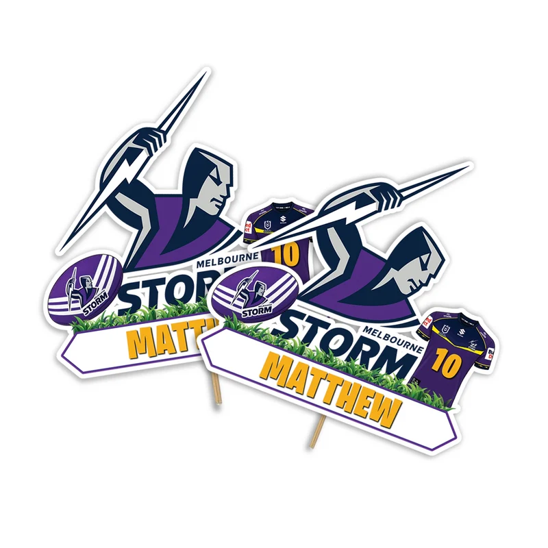 Melbourne Storm personalized cake toppers featuring athletic team logo graphics on a modern dessert table display