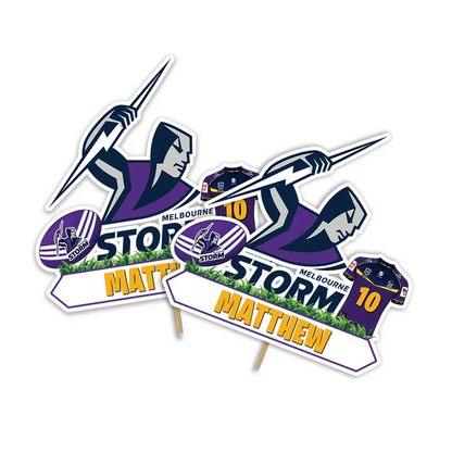 Melbourne Storm personalized cake toppers featuring athletic team logo graphics on a modern dessert table display