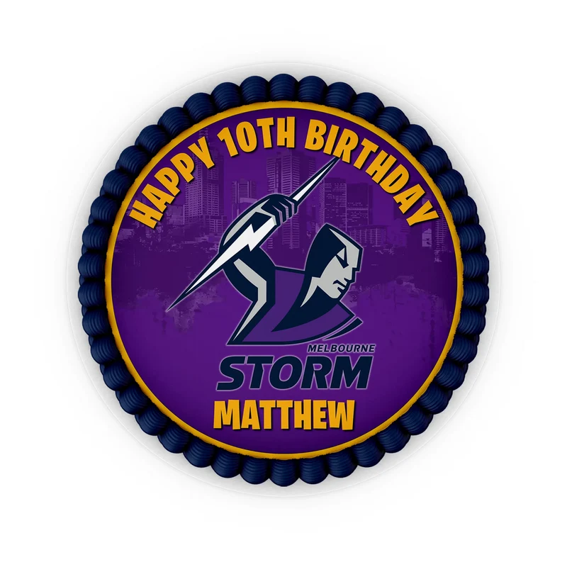 Melbourne Storm edible icing cake images with vibrant sports team logos placed on a frosted round cake