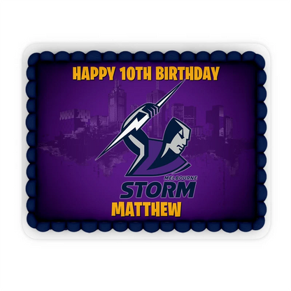 Melbourne Storm custom sheet cake images showing a purple and silver birthday layout on a large rectangle cake