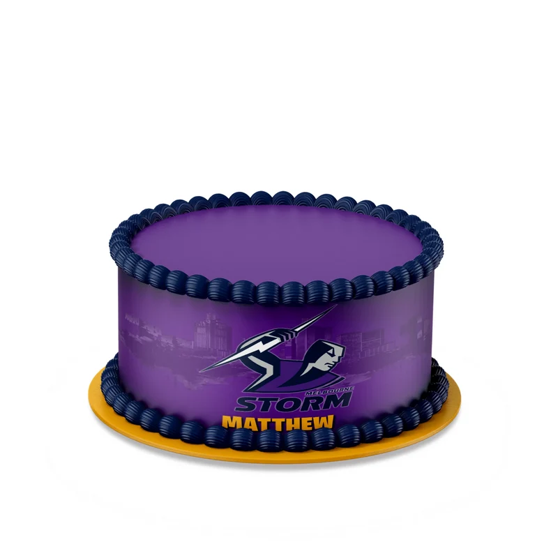 Melbourne Storm custom cake strips with purple and silver team color patterns displayed neatly on a clean white background