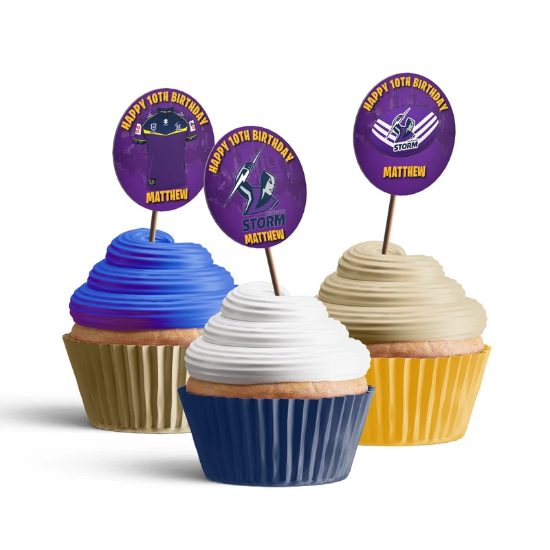 Melbourne Storm personalized cupcake toppers arranged neatly on frosted treats against a neutral backdrop