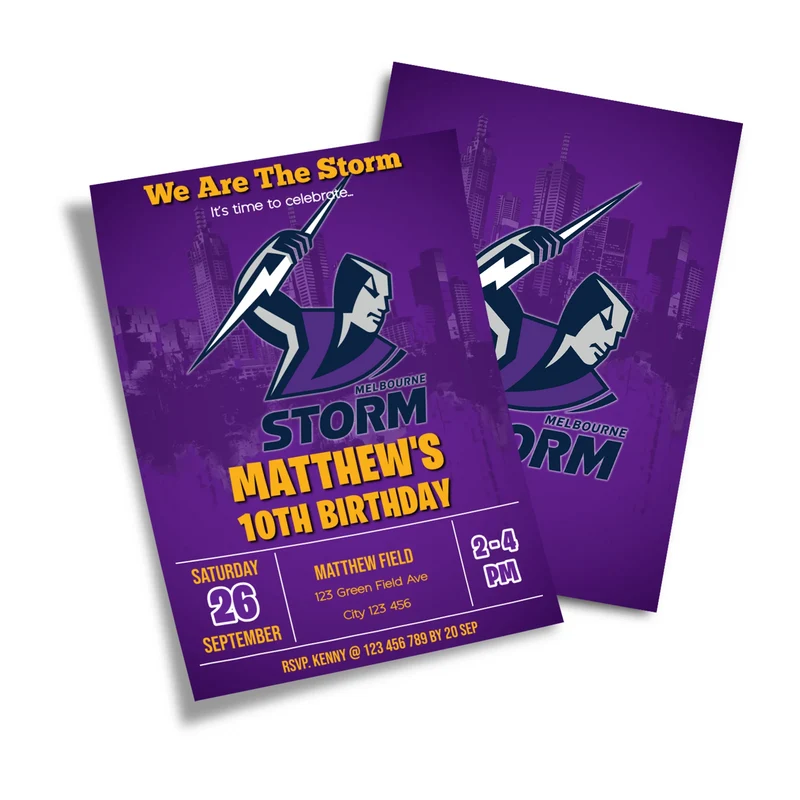 Melbourne Storm birthday card invitations displaying a bright purple and silver template layout on a minimal background