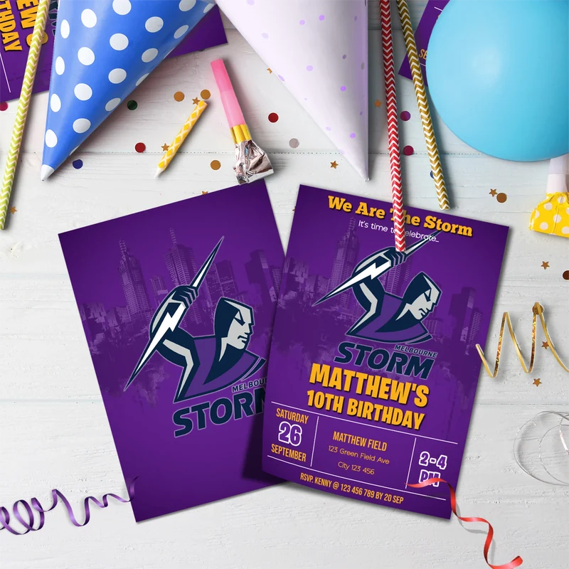 NRL Storm Birthday Decorations, NRL Rugby Party Supplies, Melbourne Storm Themed, Rugby Storm Digital Template, Editable Melbourne Storm Image SVG PNG
