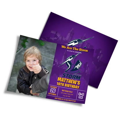 Melbourne Storm photo card invitations featuring a custom picture frame layout on a clean studio background