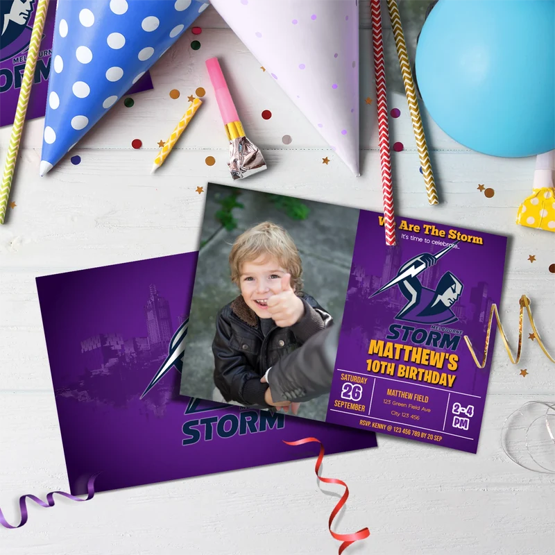 NRL Storm Birthday Decorations, NRL Rugby Party Supplies, Melbourne Storm Themed, Rugby Storm Digital Template, Editable Melbourne Storm Image SVG PNG