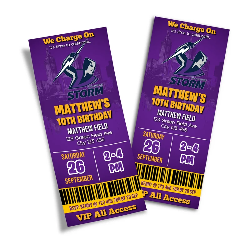 Melbourne Storm birthday ticket invitations showing a sports event pass style layout with bold typography