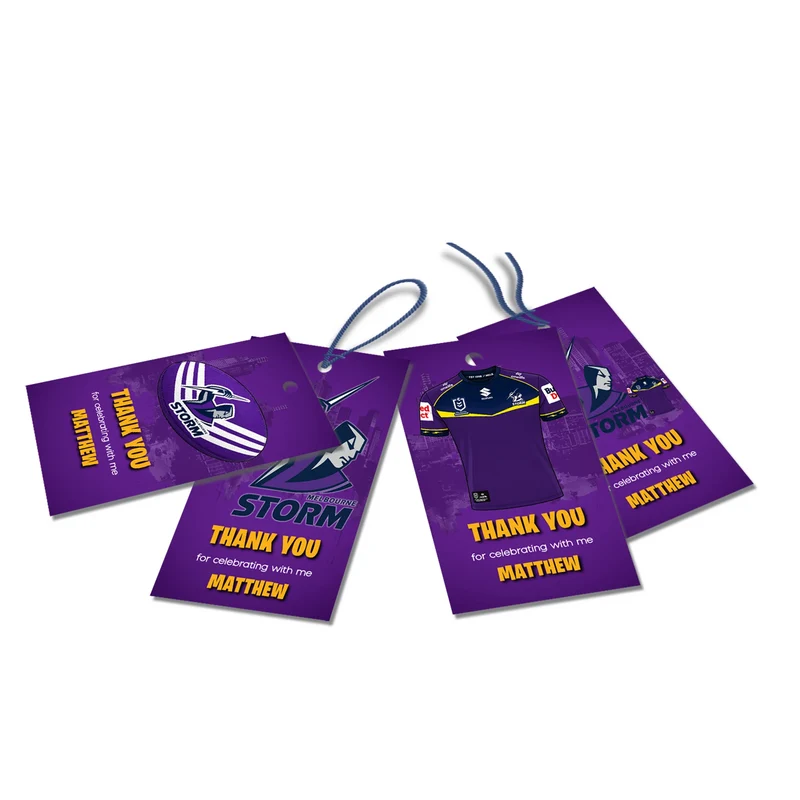 Melbourne Storm thank you tags with silver text accents displayed on a neatly wrapped party favor box