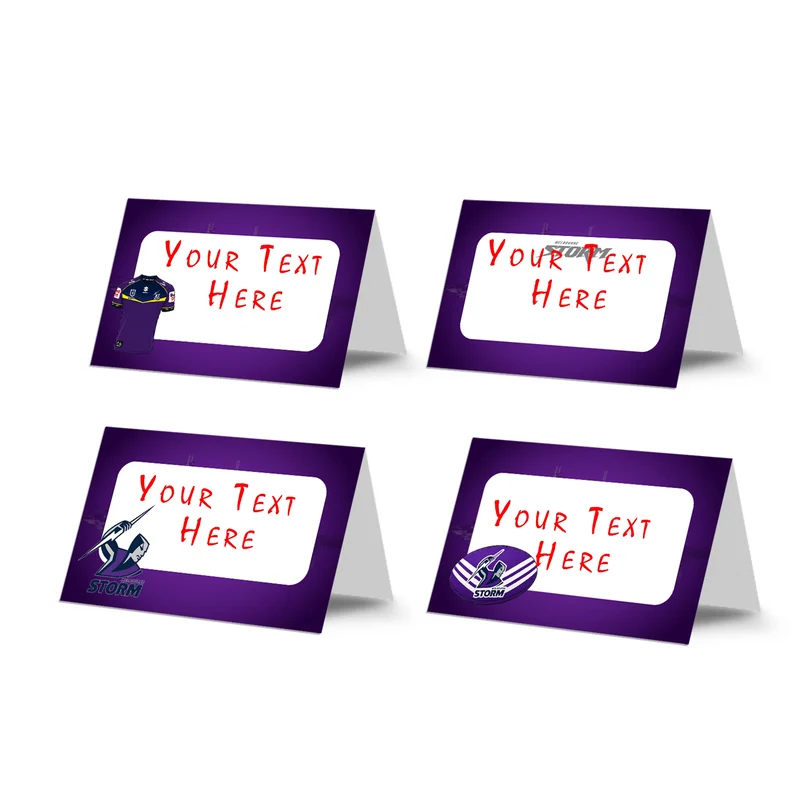 Melbourne Storm food cards showing a collection of team colored buffet labels arranged on a decorated treat table