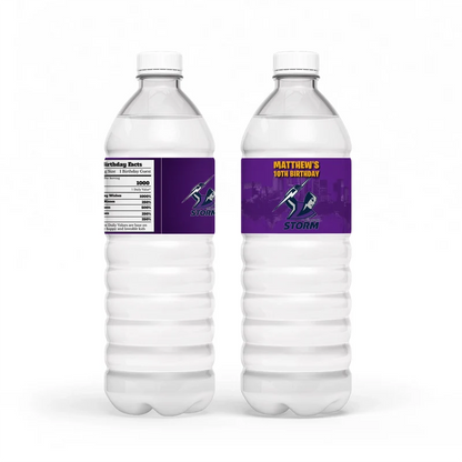Melbourne Storm water bottle label wrap showing a sports party theme layout on a clear plastic bottle