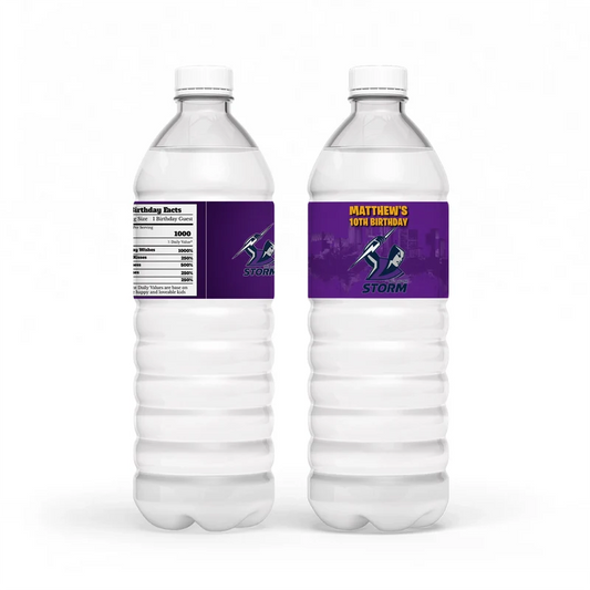 Melbourne Storm water bottle label wrap showing a sports party theme layout on a clear plastic bottle