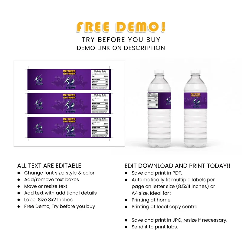 Melbourne Storm Water Bottle Label Printable Digital Download