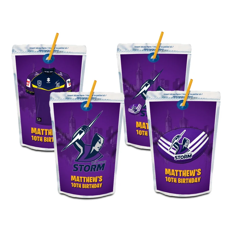 Melbourne Storm juice pouch label mockup featuring a team birthday design attached to a silver pouch