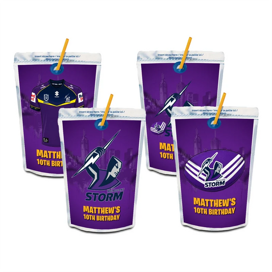 Melbourne Storm juice pouch label mockup featuring a team birthday design attached to a silver pouch