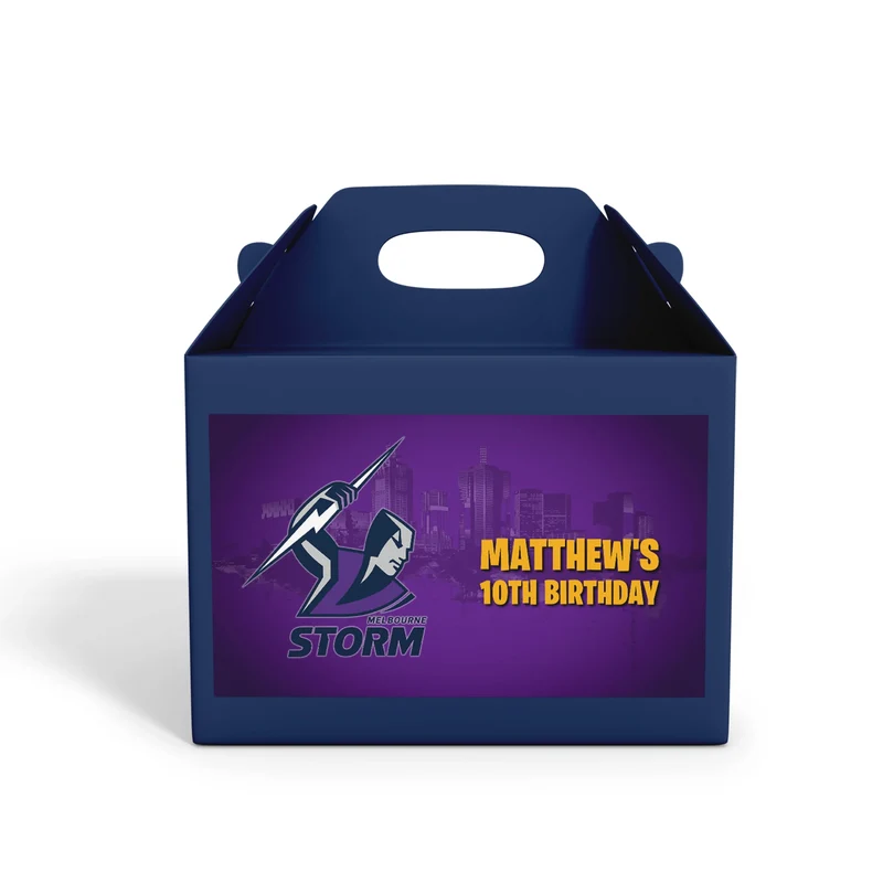 Melbourne Storm treat box label showing a purple custom design layout on a mini favor box container