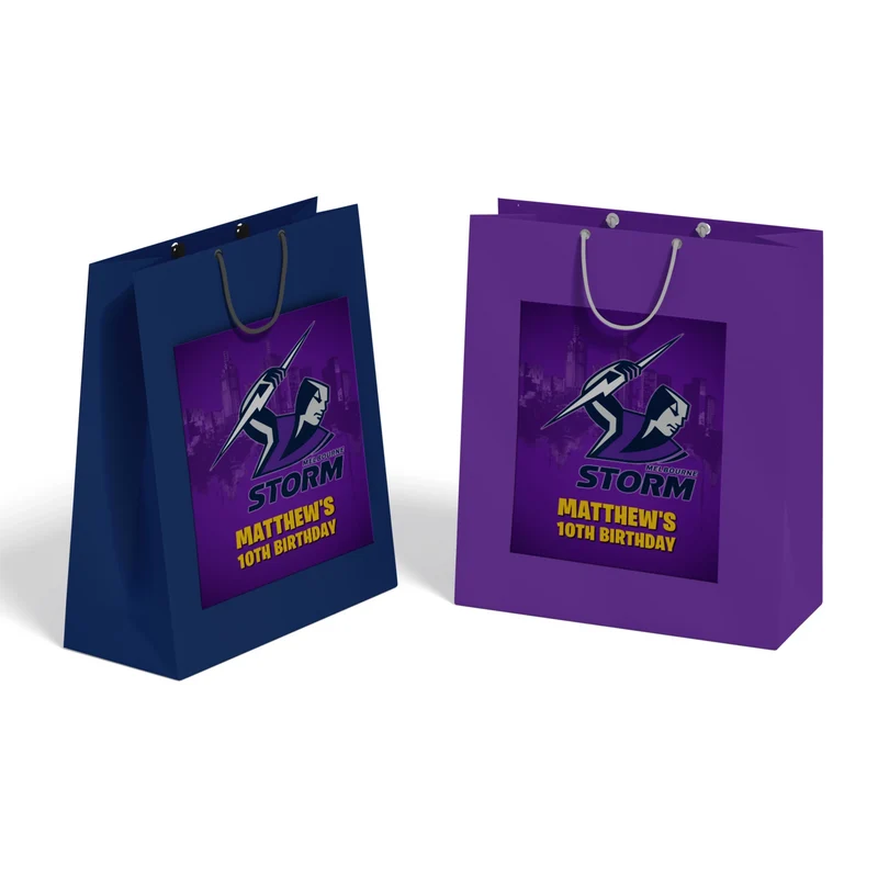 Melbourne Storm goodie bag label featuring a sports party theme design applied to a classic paper gift bag