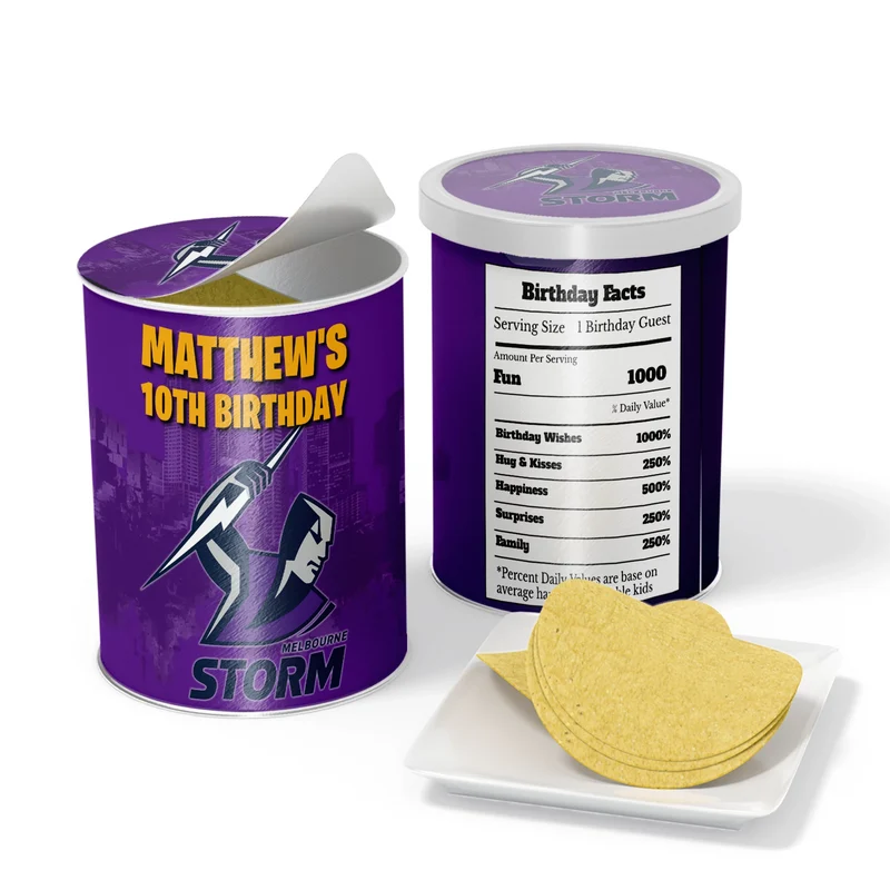 Melbourne Storm small Pringles label wrap with team crest designs displayed on a miniature snack can