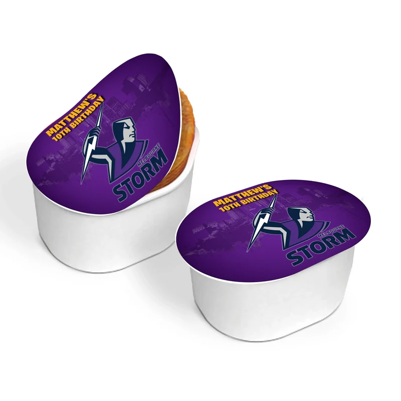 Melbourne Storm mini Pringles label featuring a custom team design wrapper on a small stackable snack can
