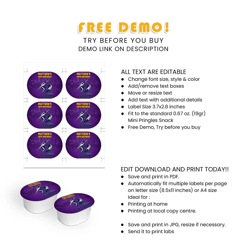Melbourne Storm Mini Pringles Label Printable Digital Download