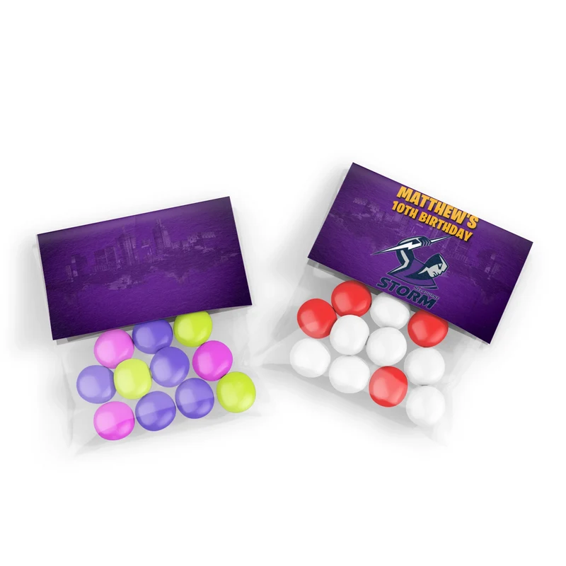 Melbourne Storm treat bag topper label showing a folded team paper design sealing a clear candy pouch