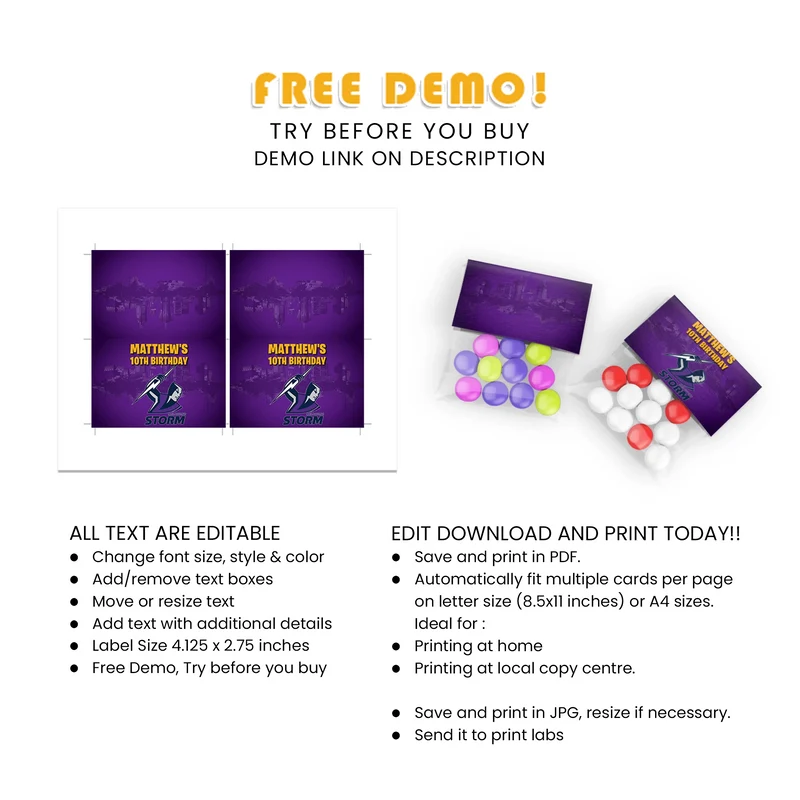 Melbourne Storm Treat Bag Topper Label Printable Digital Download
