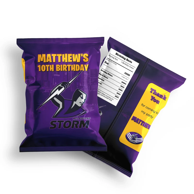 Melbourne Storm chips bag label mockup displaying a custom snack bag layout on a clean background