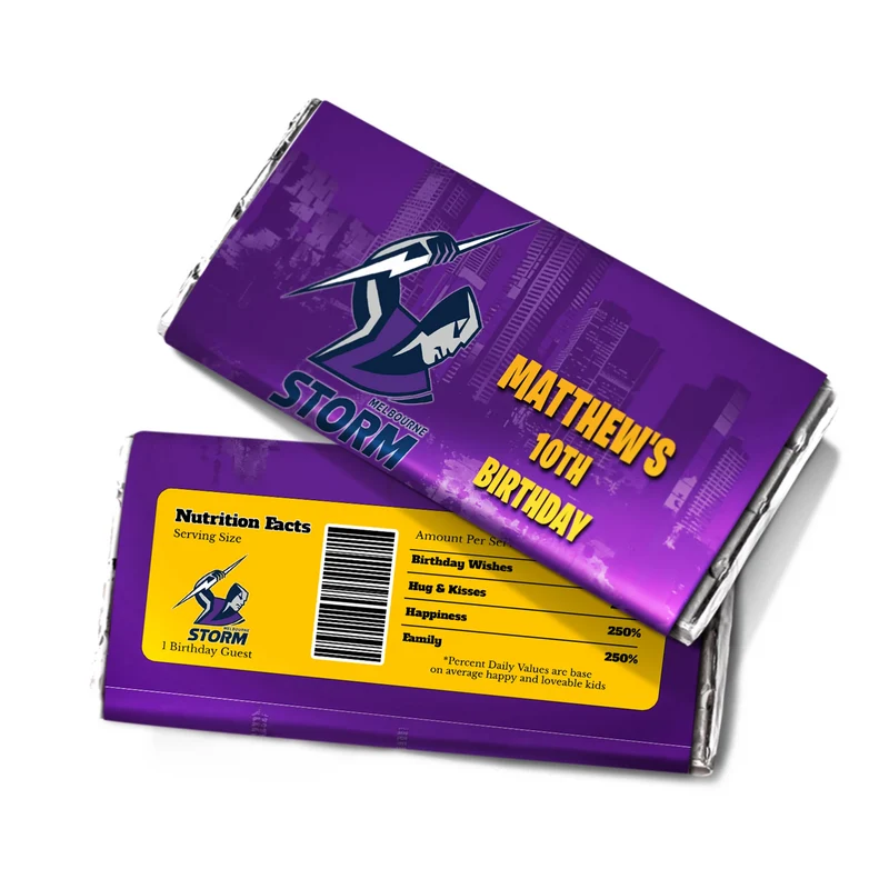 Melbourne Storm chocolate label wrap featuring a candy bar packaging layout against a white surface